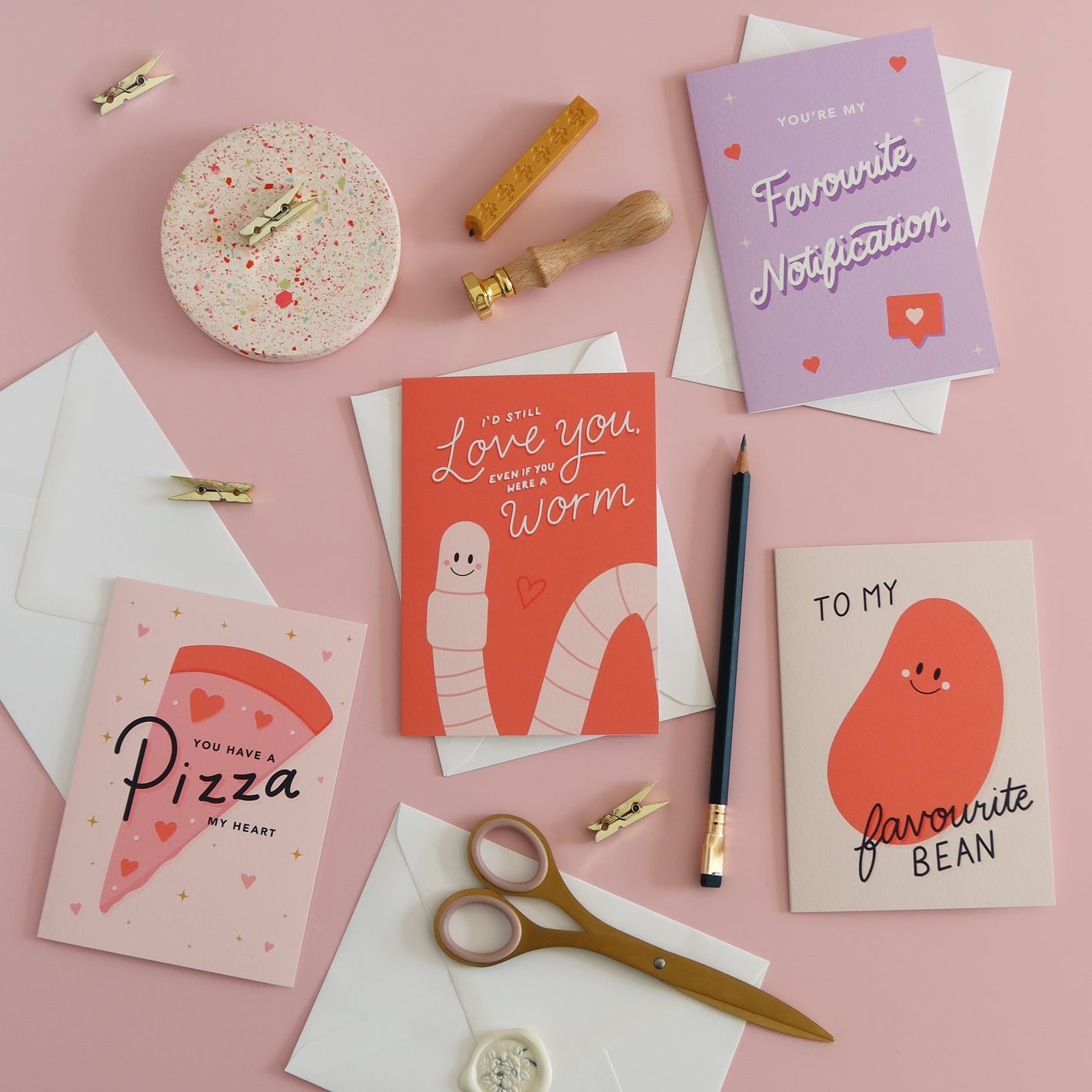 Pizza, Worm, Bean and Notification Greeting Cards